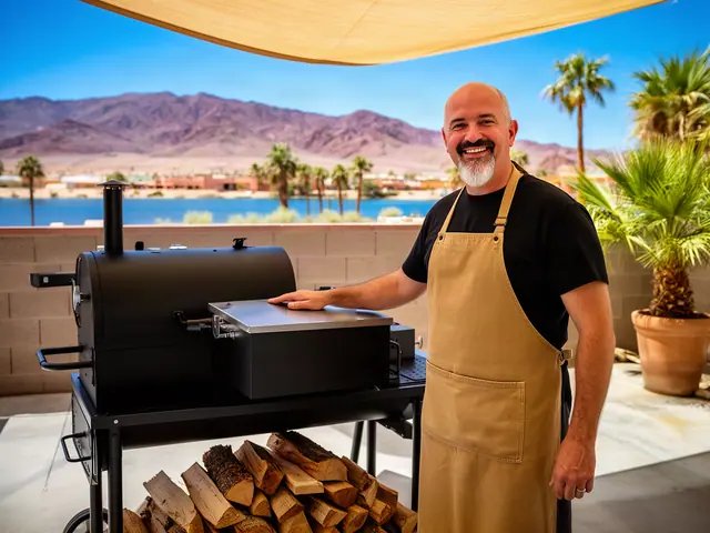 A barbecue caterer resting his hand on a new black offset smoker beside split wood on his shaded patio.