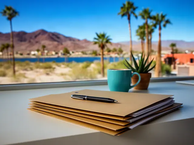 A neat stack of closed manila folders and a pen on a desk by a window.