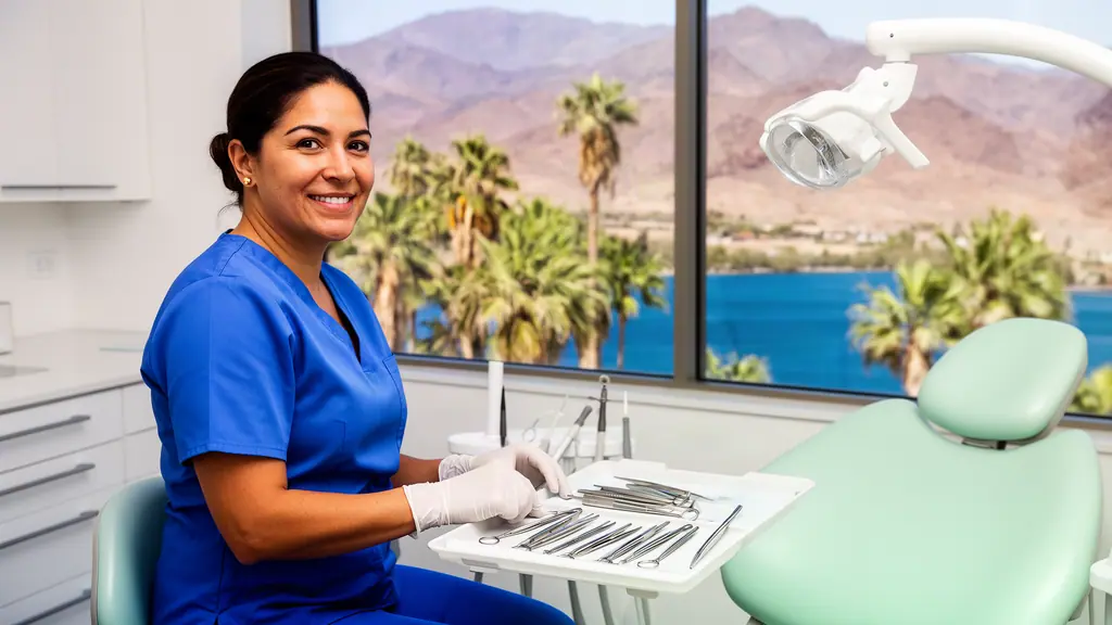 A dentist in gloves arranging steel instruments on a tray beside a mint dental chair, lake and desert mountains outside.