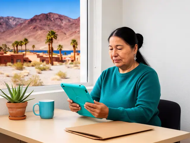 A woman with long black hair in a low bun and silver earrings reviewing a tablet at a desk in a small back office.