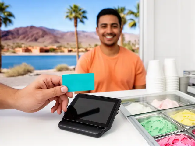 A customer taps a card on a counter terminal at a small shave-ice and ice-cream counter.