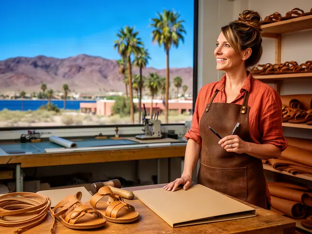 A sandal maker at her bench with finished tan leather sandals, leather strap, a mallet and a closed folder.